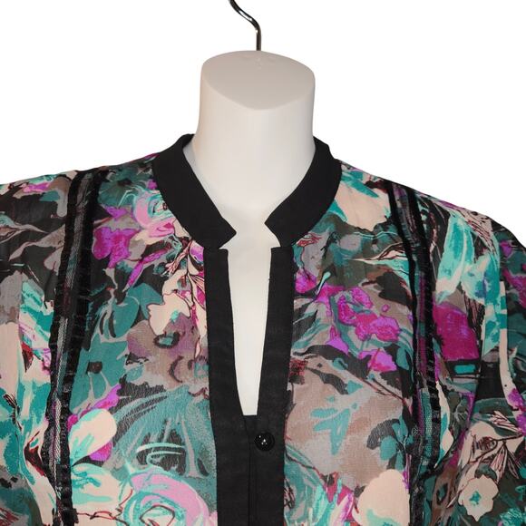NY Collection Womens Medium Sheer Blouse Floral Mesh Button Up Top Bloomcore - Picture 2 of 8
